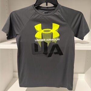 Under Armour Gray and Neon Yellow Kids Tee Youth Medium